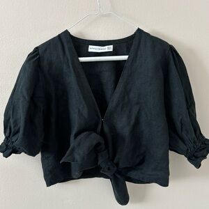 Faithfull The Brand Womens Jamais Cropped Tie-Front Linen Top Black Sz 4